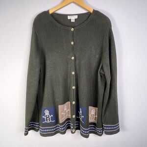 VTG Christopher & Banks Womens Green Snowman Hand Crochet Cardigan Size 2X